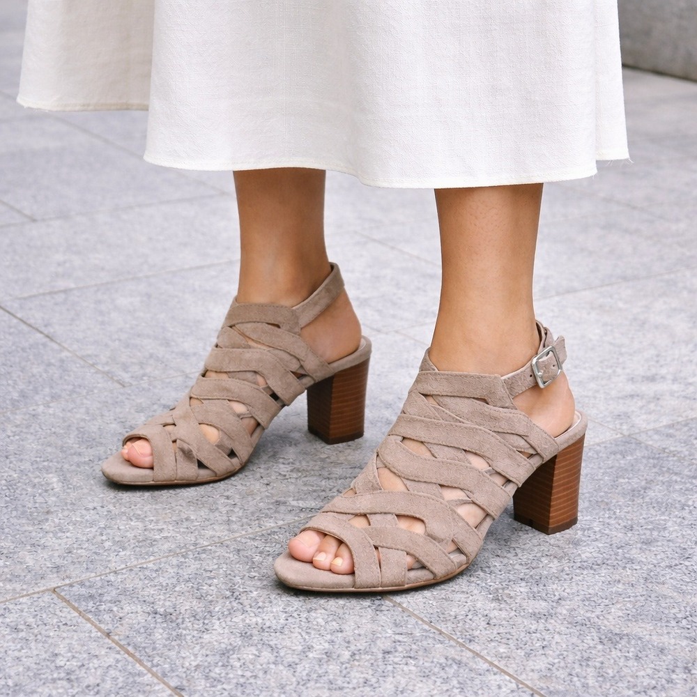 Via Spiga Suede Strappy Heeled Sandals Taupe Brown Leather Women's US 7.5M Italy